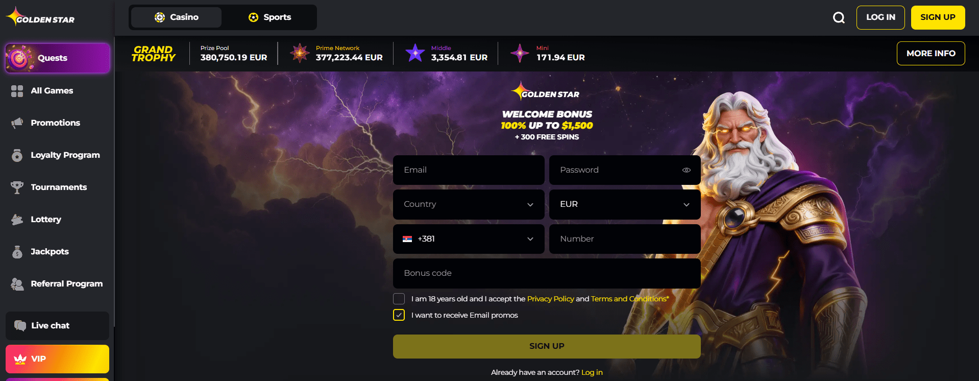 Golden Star Casino — welcome screen